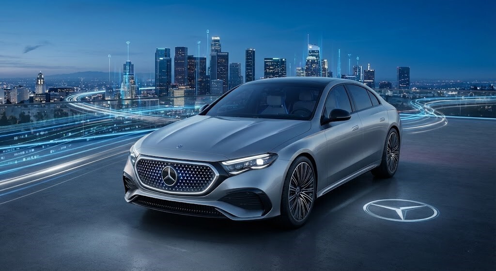 2026 메르세데스-벤츠 신형 EQ(Concept CLA)의 미래지향적 외관 디자인과 스마트 시티 배경