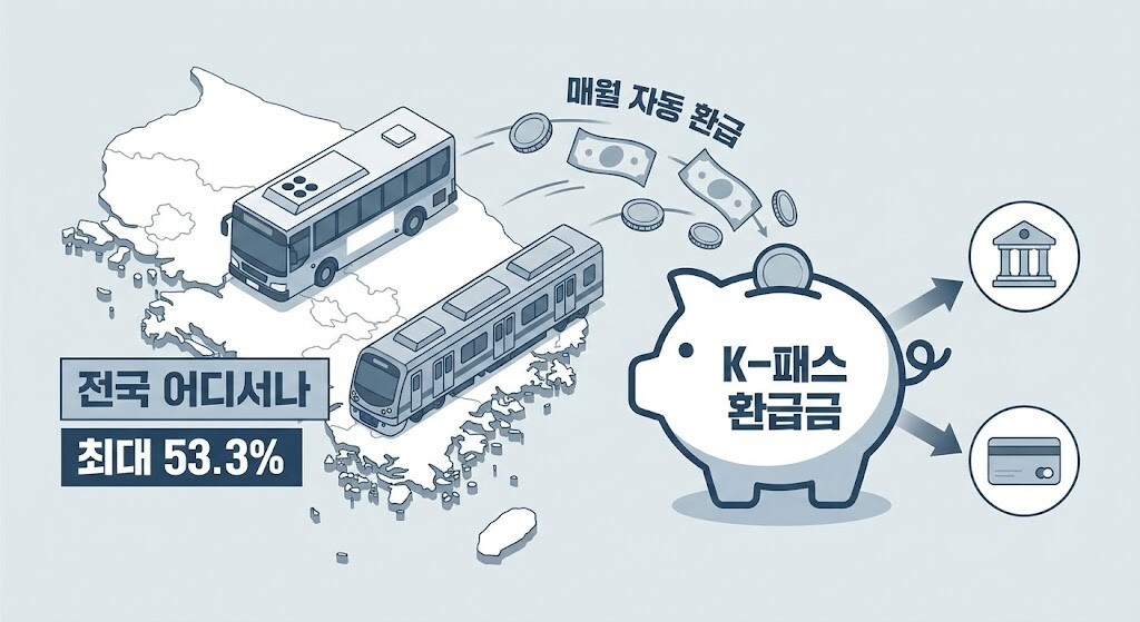 전국 대중교통 이용 시 K-패스 환급금이 돼지저금통으로 모여 매월 자동으로 은행 계좌나 카드로 입금되는 과정을 표현한 일러스트