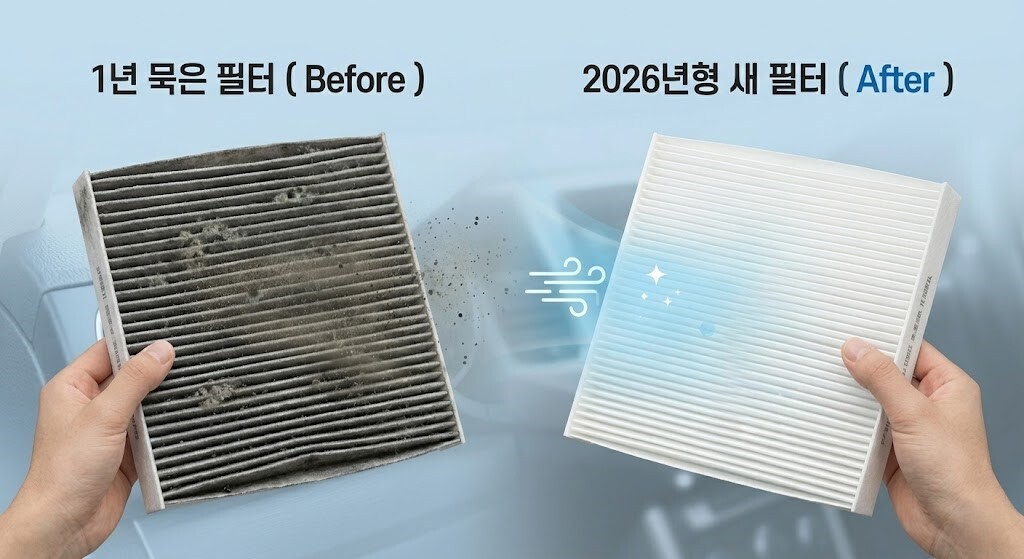 1년 묵은 새카만 헌 필터와 하얗고 깨끗한 2026년형 새 에어컨 필터를 눈으로 직접 비교하며 **자동차 에어컨 필터 교체**의 필요성을 보여주는 이미지