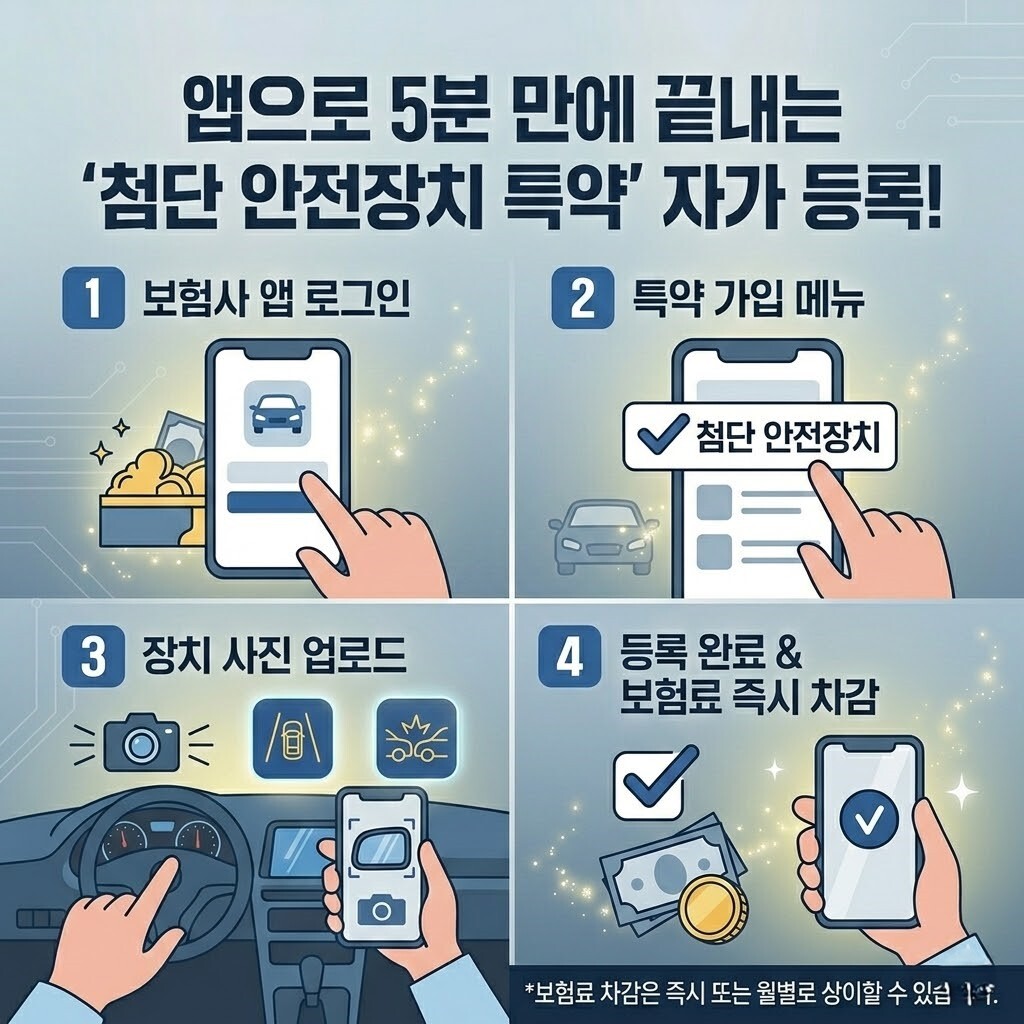 보험사 앱 로그인, 특약 가입 메뉴, 장치 사진 업로드(Dashboad/Mirror), 등록 완료 및 보험료 즉시 차감의 4단계를 스마트폰 앱 화면으로 보여주는 **자동차 보험료 할인** 인포그래픽 가이드 이미지