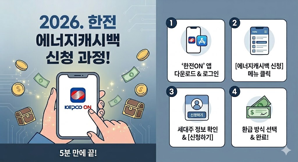 개편된 '한전ON' 앱의 깔끔한 블루톤 메인 화면과, '에너지캐시백 신청' 버튼을 클릭하여 간단히 등록이 완료된 2026년형 앱 화면을 보여주는 **한전 에너지캐시백** 인포그래픽 이미지