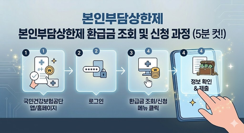 '**본인부담상한제** 환급금 조회 및 신청' 4단계 절차를 스마트폰 앱 화면으로 간편하게 시각화한 인포그래픽 가이드 이미지