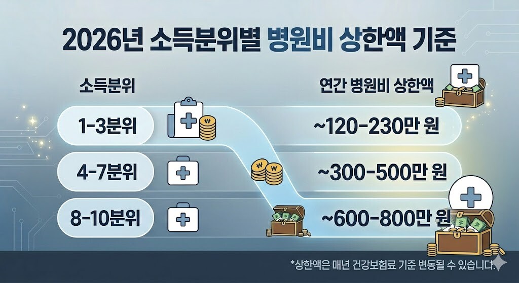 2026년 소득분위별 연간 병원비 상한액 기준(1~10분위)을 깔끔하게 요약한 '**본인부담상한제**' 인포그래픽 차트 이미지