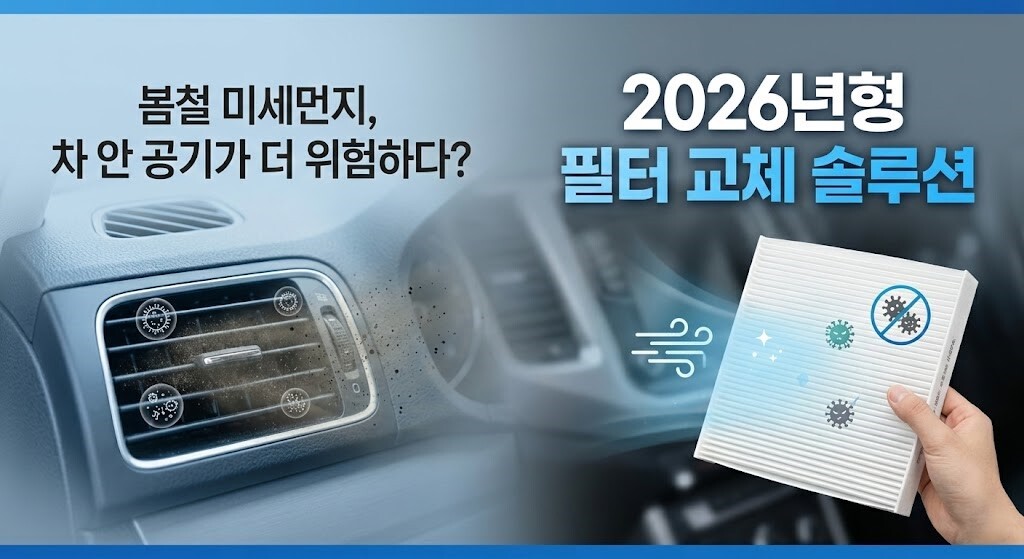 봄철 미세먼지로 오염된 차 안 공기와 상쾌한 새 에어컨 필터가 대비되는 카드뉴스 자동차 에어컨 필터 교체 메인 이미지