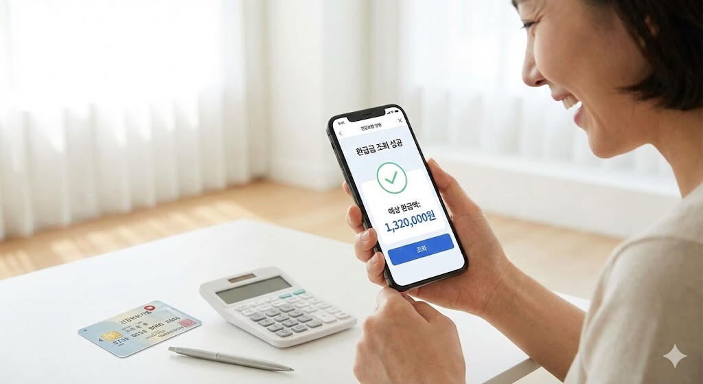 스마트폰 'The건강보험' 앱을 통해 본인부담상한제 환급금을 조회하고, 예상 환급액 132만 원이 뜬 성공 화면을 확인하며 기뻐하는 모습