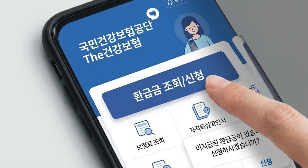국민건강보험공단 모바일 앱(The건강보험)에서 미지급된 건강보험 환급금 조회를 하고 신청하는 스마트폰 화면
