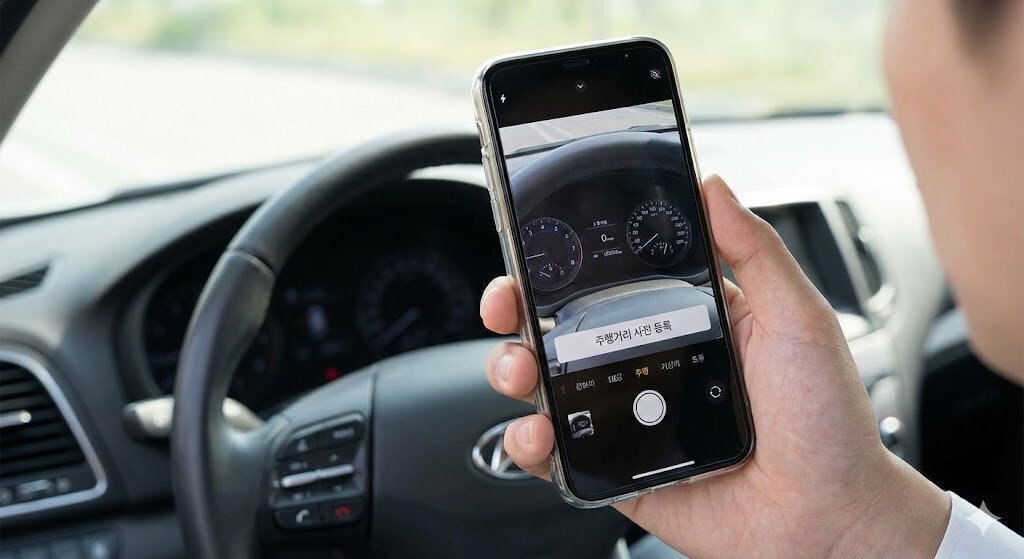 스마트폰으로 자동차 계기판의 주행거리를 촬영하여 등록하는 모습