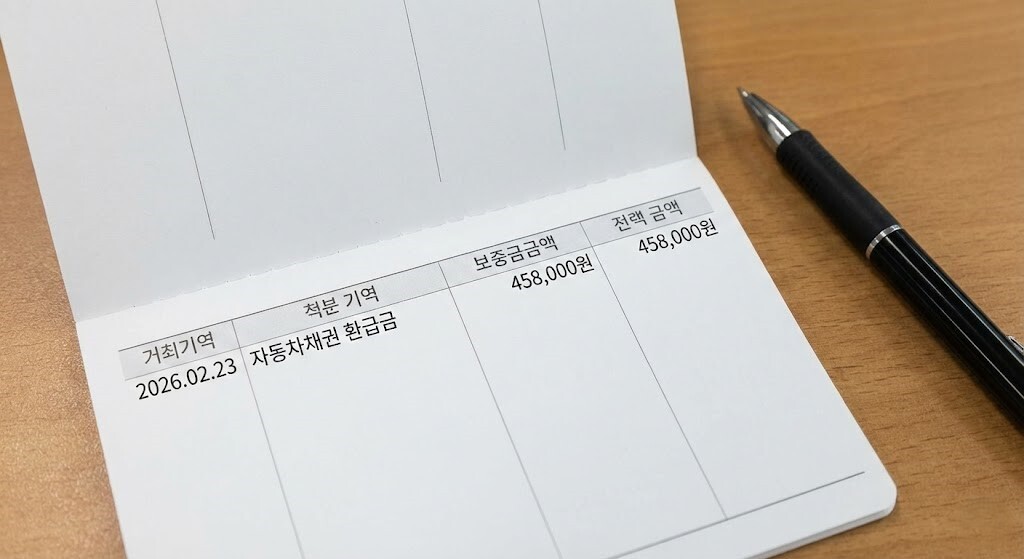 실제 통장에 '자동차채권 환급금' 명목으로 45만 원이 입금된 내역을 확인하는 모습