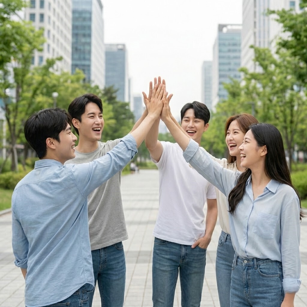 청년 정책으로 희망찬 미래를 향해 연대하며 하이파이브하는 청년들