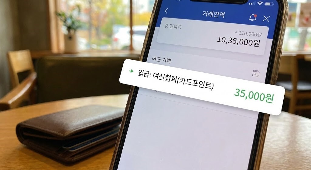 스마트폰 뱅킹 앱에서 여신협회 카드 포인트 현금 입금 내역 확인