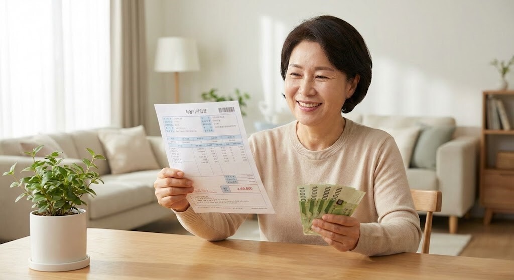 전기요금 고지서와 현금을 들고 환하게 웃으며 **한전 에너지 캐시백 신청** 성공의 기쁨을 표현하는 모습