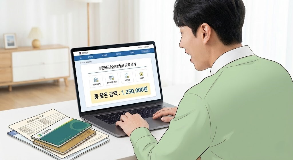 사용자가 노트북을 이용해 **휴면예금 숨은 보험금 조회** 결과 화면을 확인하며, 125만 원의 환급액을 발견하고 기뻐하는 모습