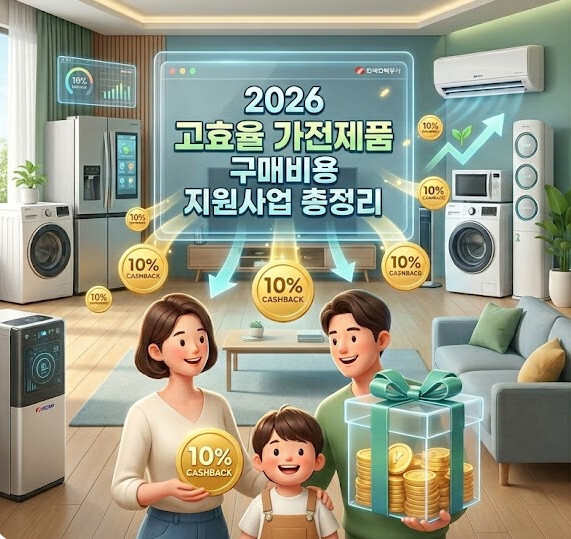 가전제품 환급 혜택을 강조한 2026년 고효율 가전제품 구매비용 지원사업 안내 메인 이미지