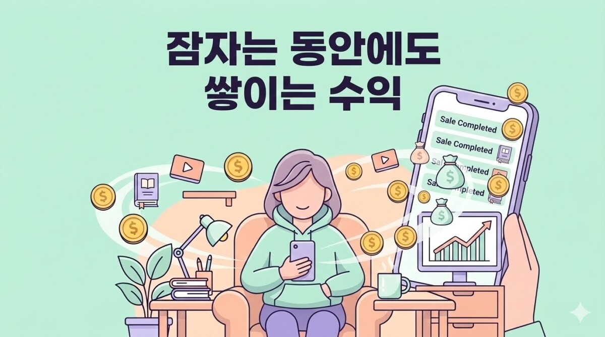 얼굴 없이 돈 버는 방법으로 판매 완료 알림과 Rising profit 수익 그래프를 통해 자동화 수익 시스템을 시각화한 이미지 (automated-passive-income.png.jpg)