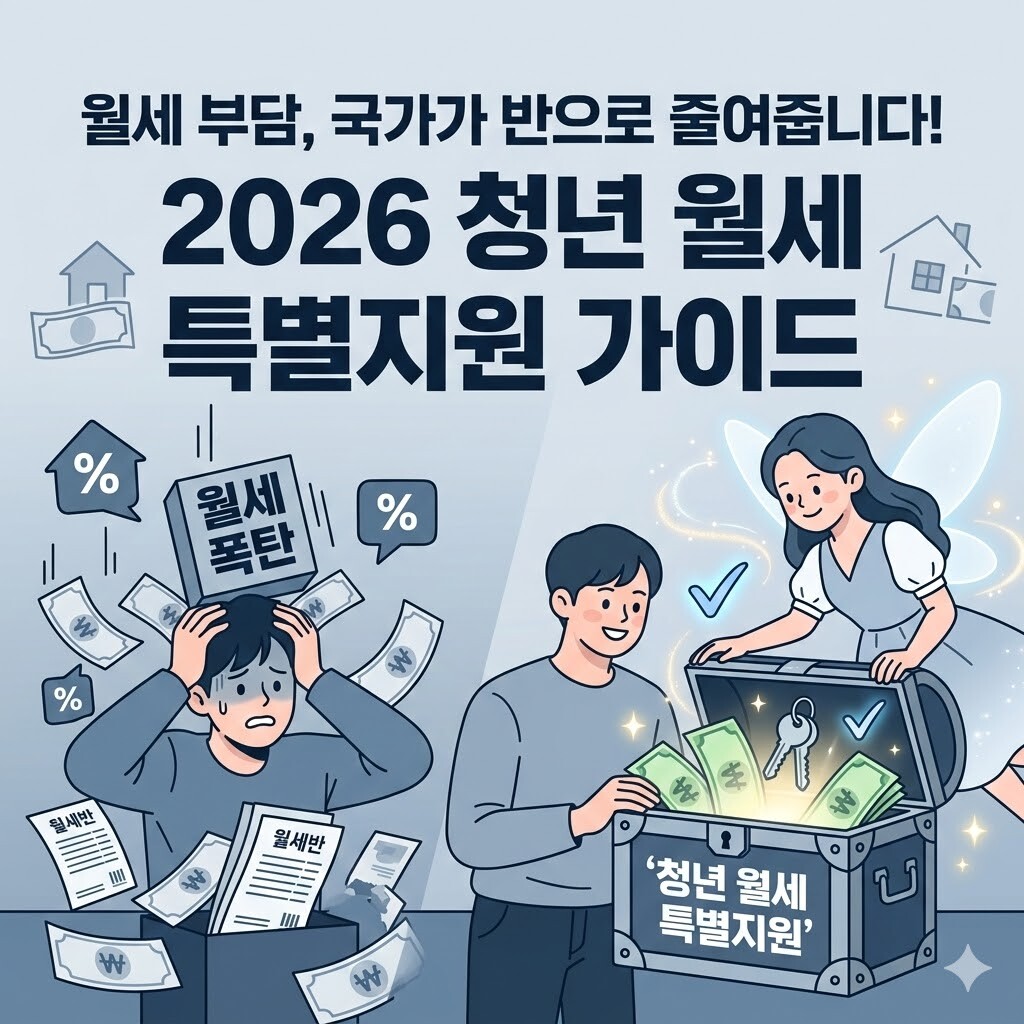 월세 폭탄에 머리를 감싸며 힘들어하는 청년과, 생활비 방어 요정의 도움으로 '**청년 월세 특별지원**' 보물상자를 열고 환하게 웃는 청년이 대비되는 카드뉴스 메인 대표 이미지