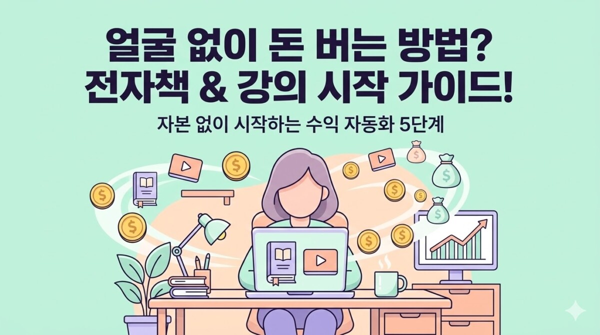 "파스텔 톤의 깨끗하고 평면적인 디지털 일러스트레이션으로, 얼굴 특징이 생략된 친근하고 전문적인 캐릭터가 후드를 쓰고 아늑한 책상에 앉아 노트북으로 작업하고 있습니다. 노트북 화면에는 전자책 커버와 비디오 재생 버튼이 표시되어 있으며, 캐릭터 주변으로는 황금색 동전 아이콘, 스타일리시한 전자책 아이콘, 비디오 재생 버튼들이 즐거운 물결을 그리며 떠다닙니다. 상단에는 크고 굵은 한글로 '얼굴 없이 돈 버는 방법? 전자책 & 강의 시작 가이드!'라고 적혀 있으며, 아래 작은 글씨로 '자본 없이 시작하는 수익 자동화 5단계'라고 적혀 있습니다. 깨끗하고 전문적인 분위기입니다."