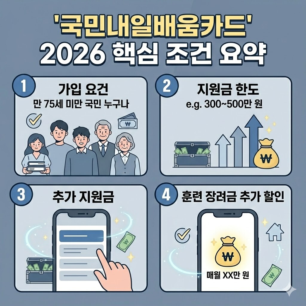 2026년형 **국민내일배움카드** 핵심 가입 요건 및 지원금 한도 요약 인포그래픽 이미지