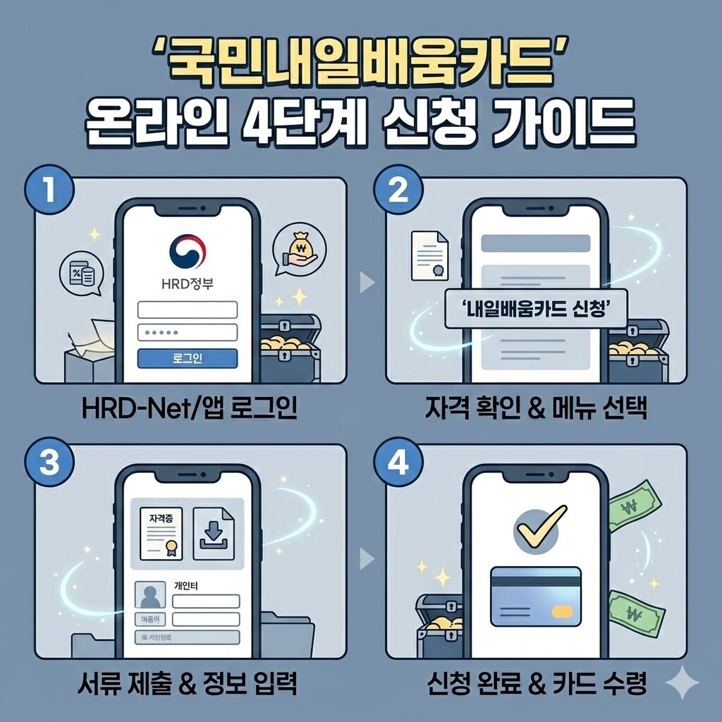고용노동부 HRD-Net 앱을 통한 **국민내일배움카드** 온라인 신청 절차 인포그래픽 가이드