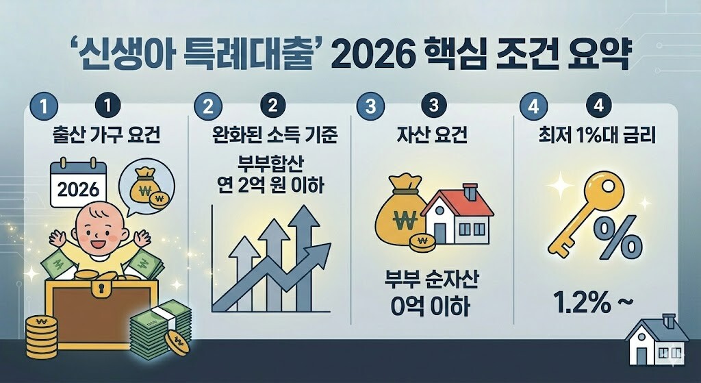 2026년 '신생아 특례대출' 핵심 자격 조건(소득, 자산, 금리)을 요약한 카드뉴스 인포그래픽 이미지