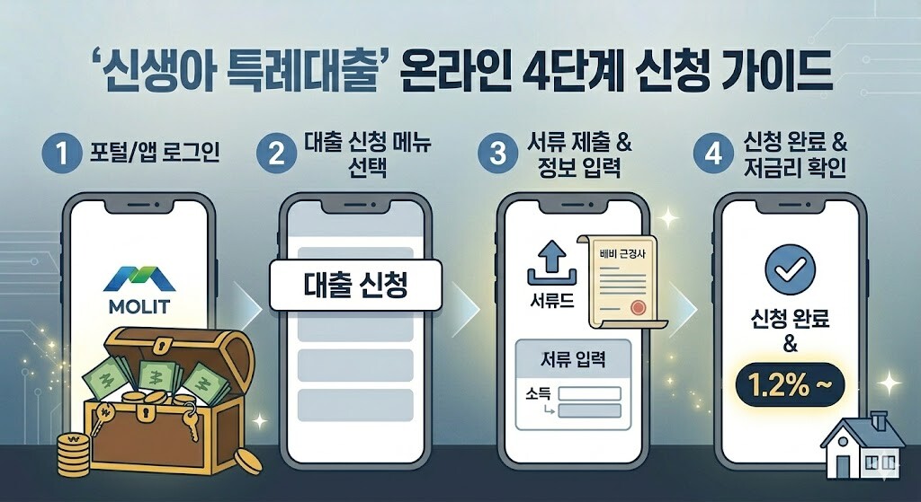 '신생아 특례대출' 온라인 4단계 신청 절차를 스마트폰 화면으로 설명하는 인포그래픽 가이드 이미지