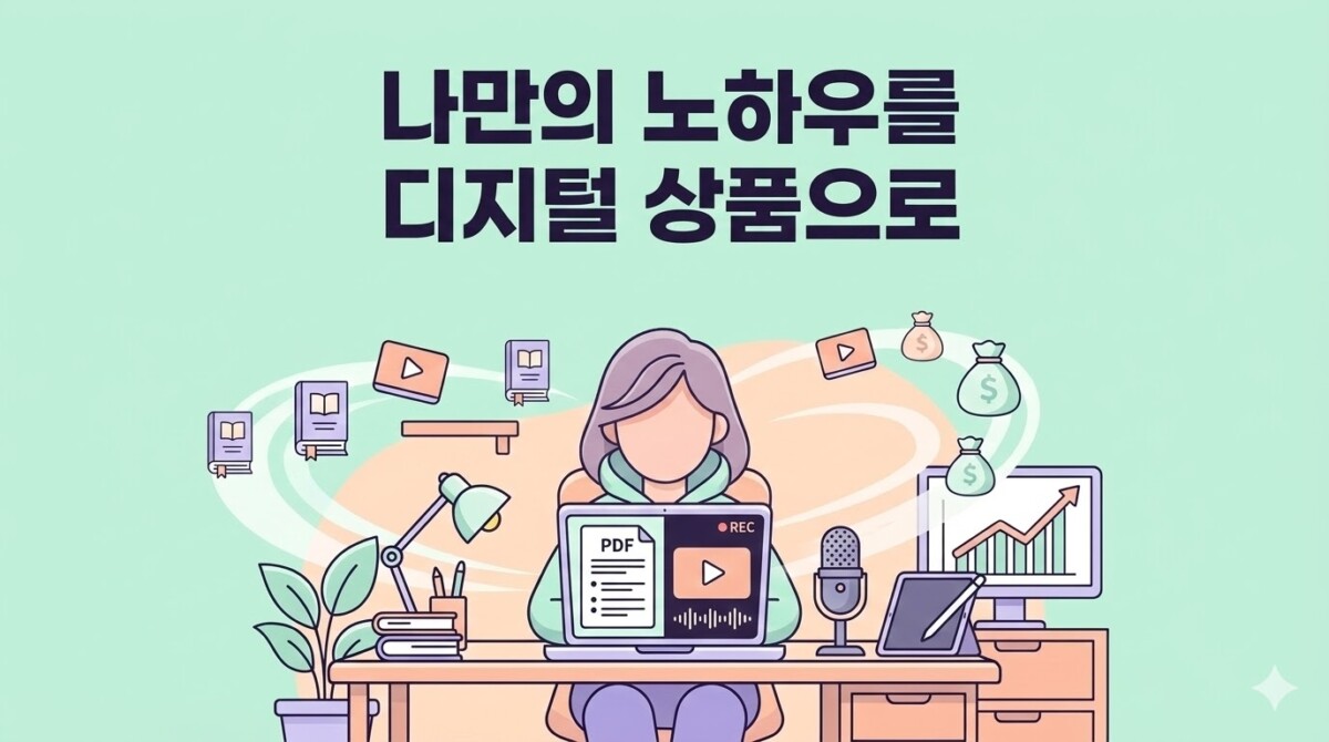 얼굴 없이 돈 버는 방법으로 나만의 노하우를 전자책과 영상 강의 등 디지털 상품으로 전환하는 제작 과정을 보여주는 이미지 (transform-knowhow-digital-product.png.jpg)