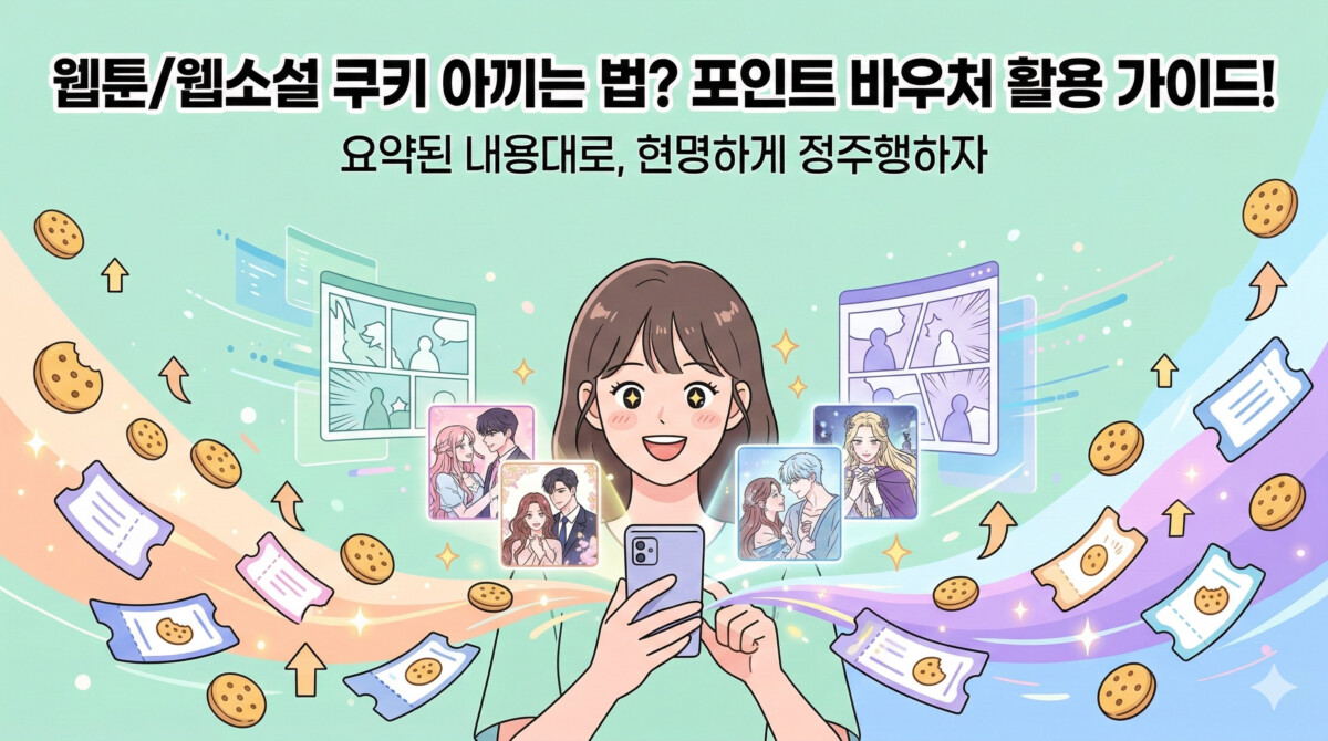 "테마 1 스타일의 파스텔 톤 깔끔한 디지털 일러스트레이션으로, 웹툰 캐릭터가 표시된 스마트폰을 들고 즐거워하는 젊은 여성의 모습을 담고 있습니다. 그녀 주변으로 황금색 쿠키 아이콘과 디지털 포인트 바우처가 떠다니며, 상단에는 '웹툰/웹소설 쿠키 아끼는 법? 포인트 바우처 활용 가이드!'라는 한글 제목이 적혀 있습니다. 이 이미지는 웹툰 쿠키 포인트 바우처 활용의 혜택을 시각적으로 나타냅니다."