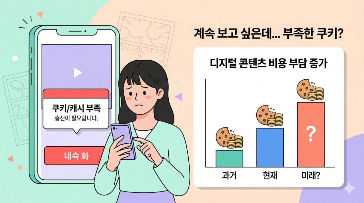 웹툰 다음 화 결제 전 쿠키 부족 상황과 늘어나는 디지털 콘텐츠 비용 부담을 보여주는 이미지