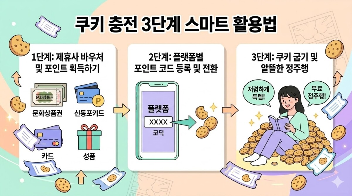 웹툰 쿠키 포인트 바우처 활용 5단계 가이드 프로세스 인포그래픽
