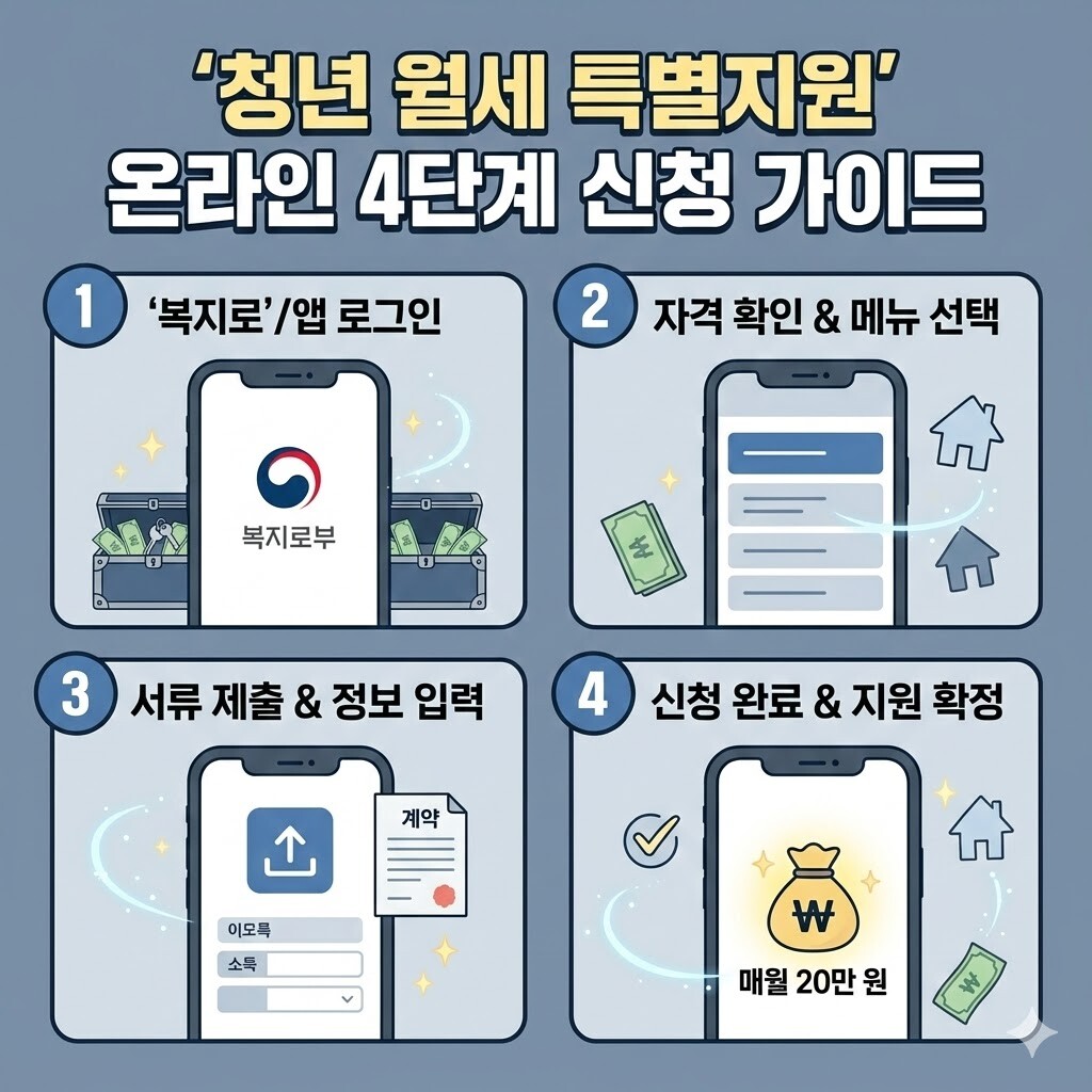 '복지로' 앱/포털을 통한 온라인 4단계 신청 절차를 스마트폰 화면으로 설명하는 **청년 월세 특별지원** 인포그래픽 가이드 이미지