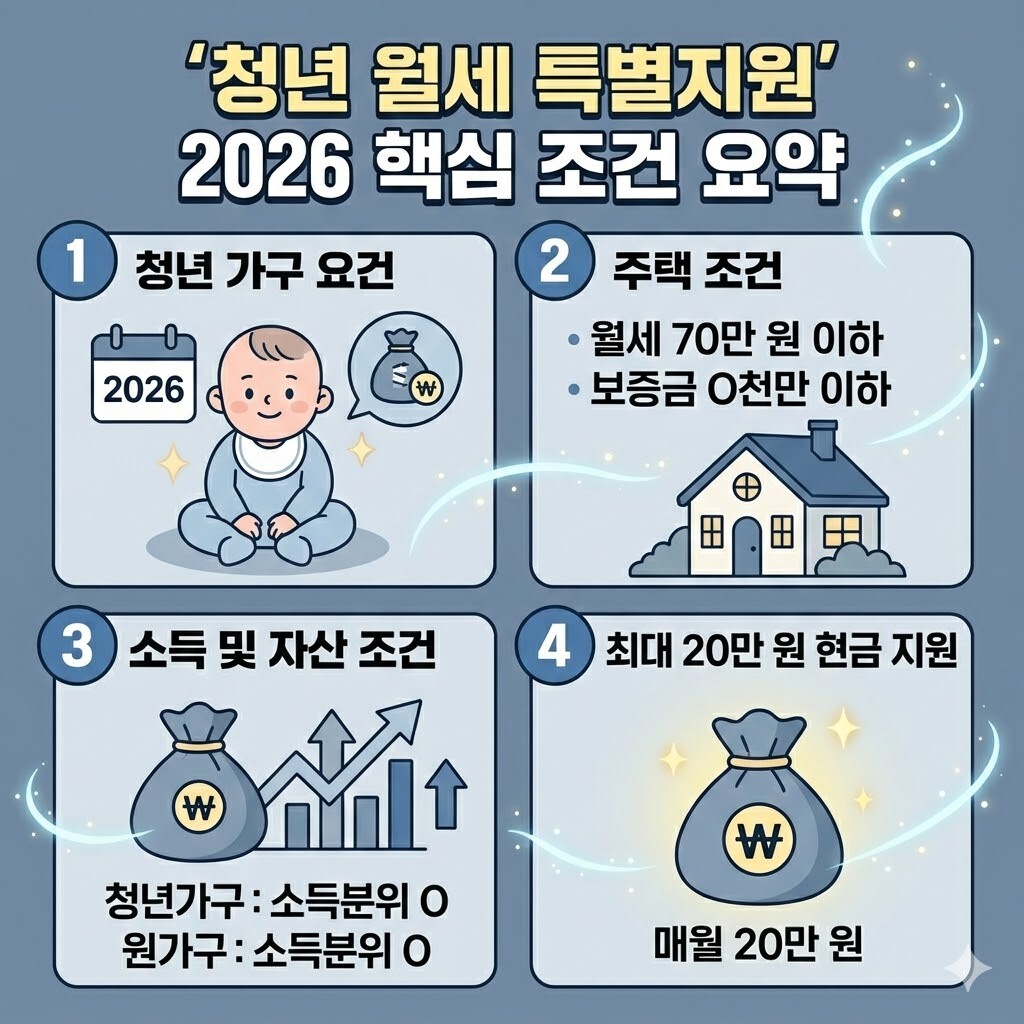 2026년형 청년 가구, 주택 조건, 소득 자산 기준 및 최대 현금 지원금을 요약한 **청년 월세 특별지원** 카드뉴스 인포그래픽 이미지